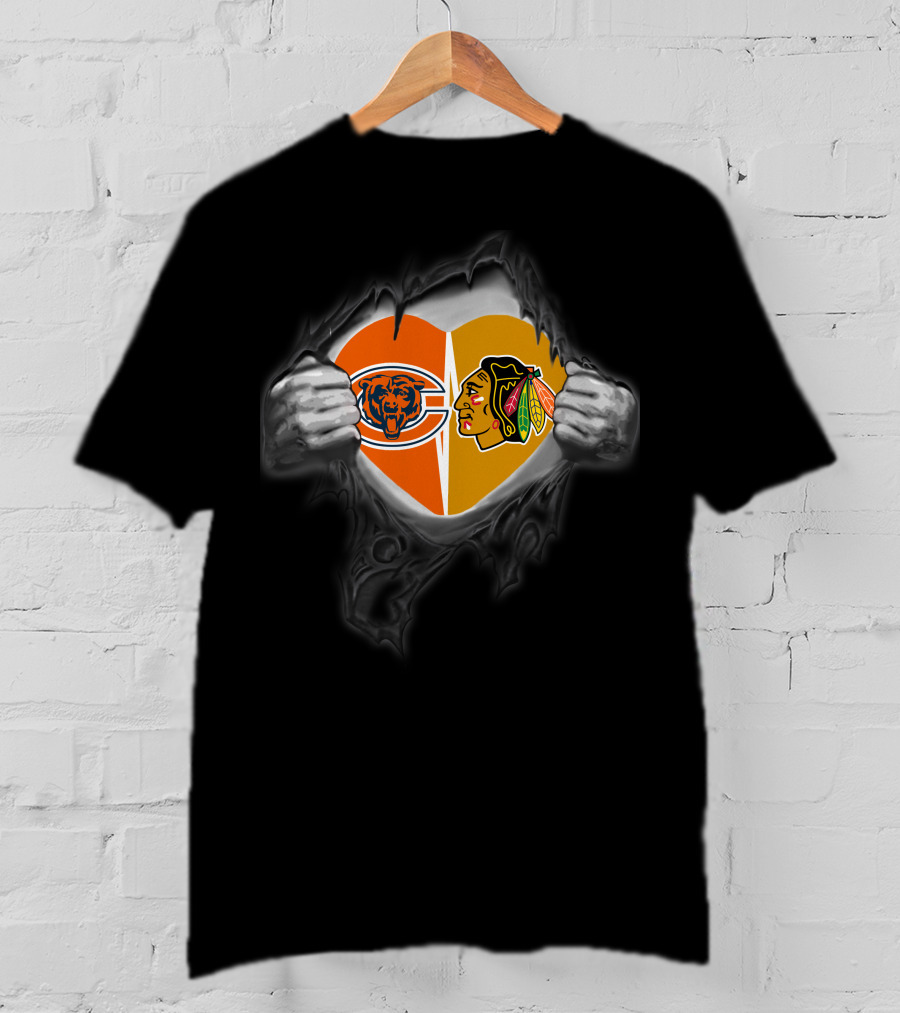 Bears Blackhawks Split Heart Logo Tear T-Shirt