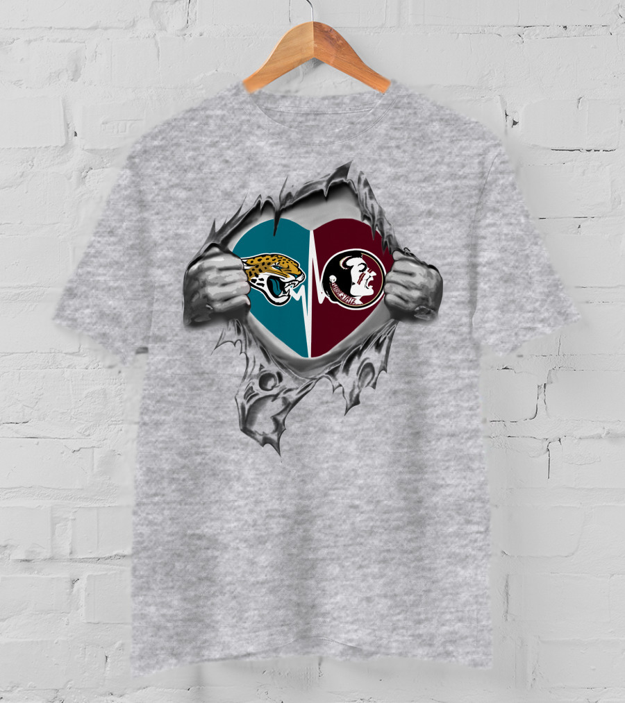 Jaguars Seminoles Heartbeat Passion Fan Logo Fusion T-Shirt