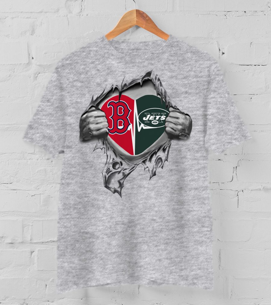 Jets Redsoxs Heart With Torn Hands And Iconic B And Jets T-Shirt