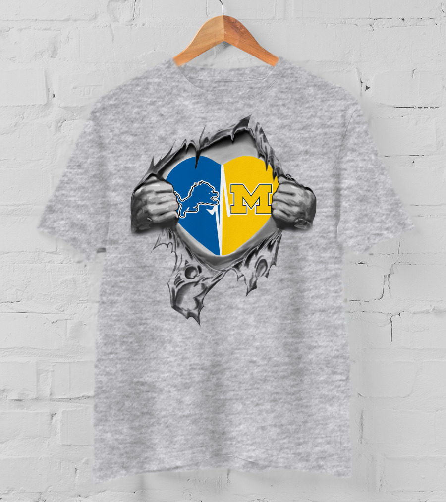 Detroit Lions University Of Michigan Heart Ripped T-Shirt