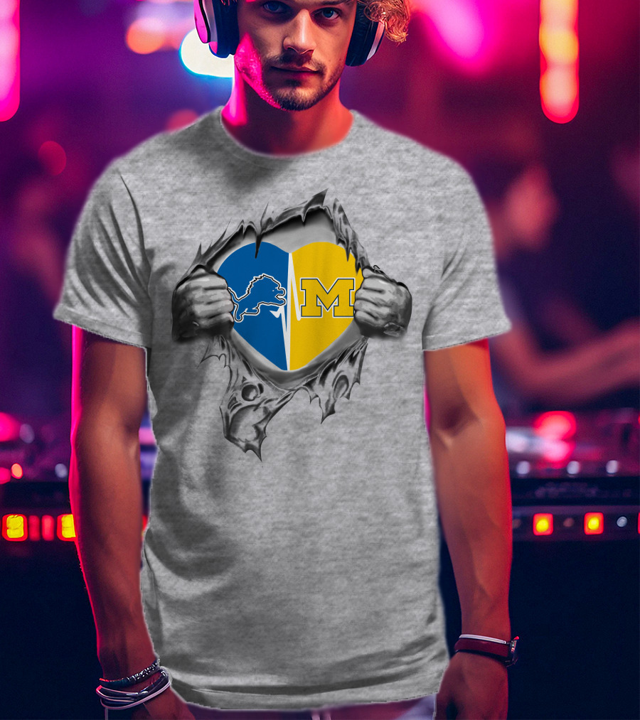 Detroit Lions University Of Michigan Heart Ripped T-Shirt