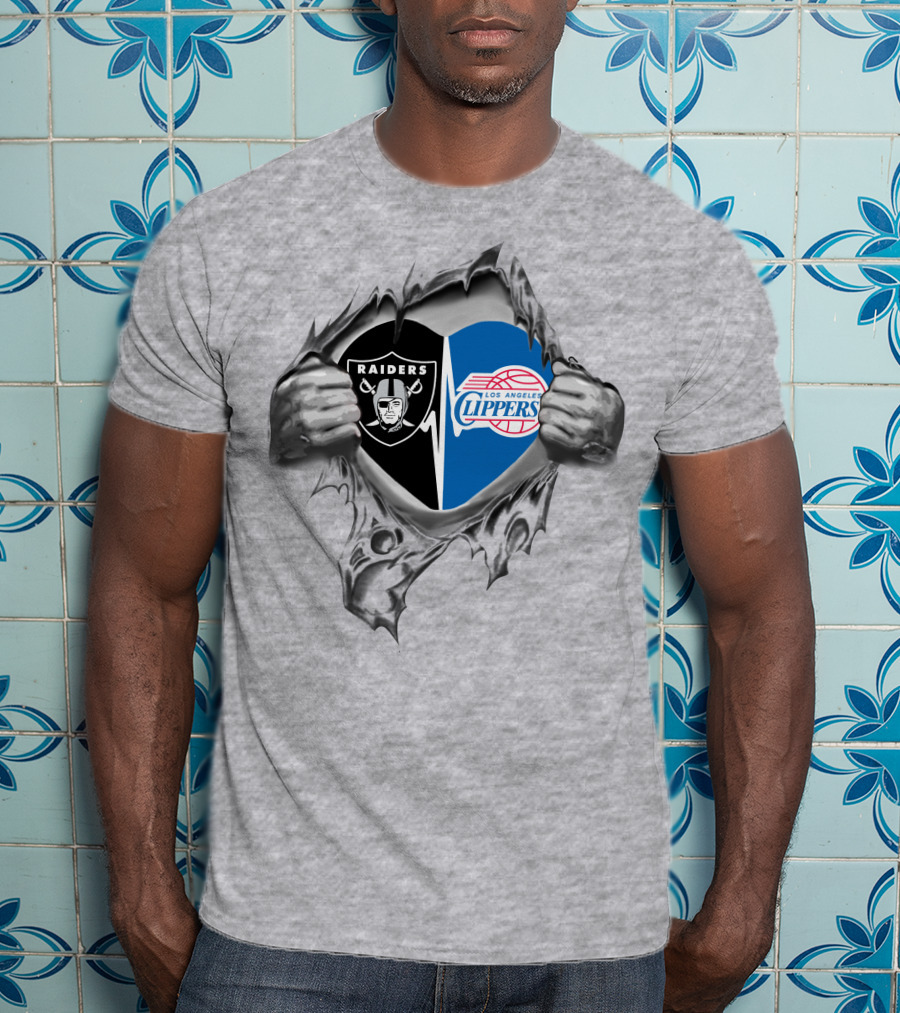 Raiders Clippers Heart Split Grey NFL NBA Fan T-Shirt
