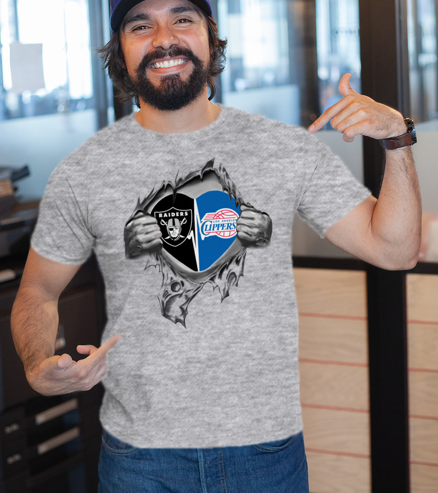 Raiders Clippers Heart Split Grey NFL NBA Fan T-Shirt