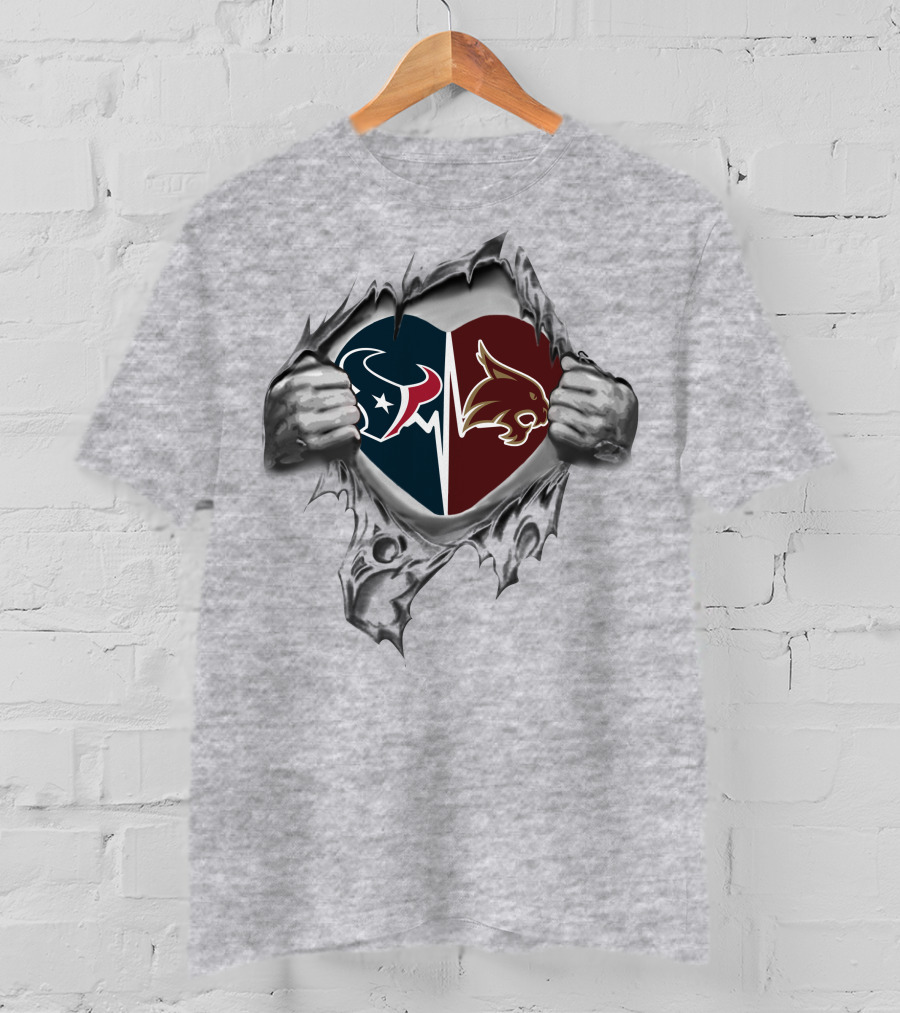 Houston Texans And Texas State Bobcats Heart T-Shirt