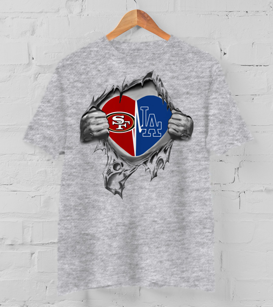 49Ers SF LA Dodgers Heart Logo Tear Open Gray Background T-Shirt