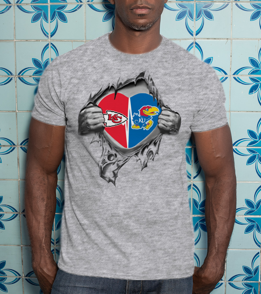 Kansas City Chiefs Kansas Jayhawks Heart Logo Tear T-Shirt