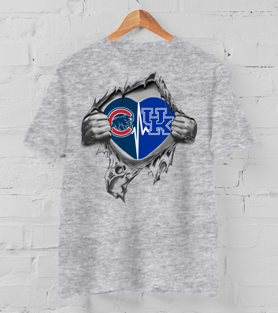 Cubs Kentucky Heart With Chicago Cubs And Kentucky Wildcats Logos In Torn Fabric T-Shirt