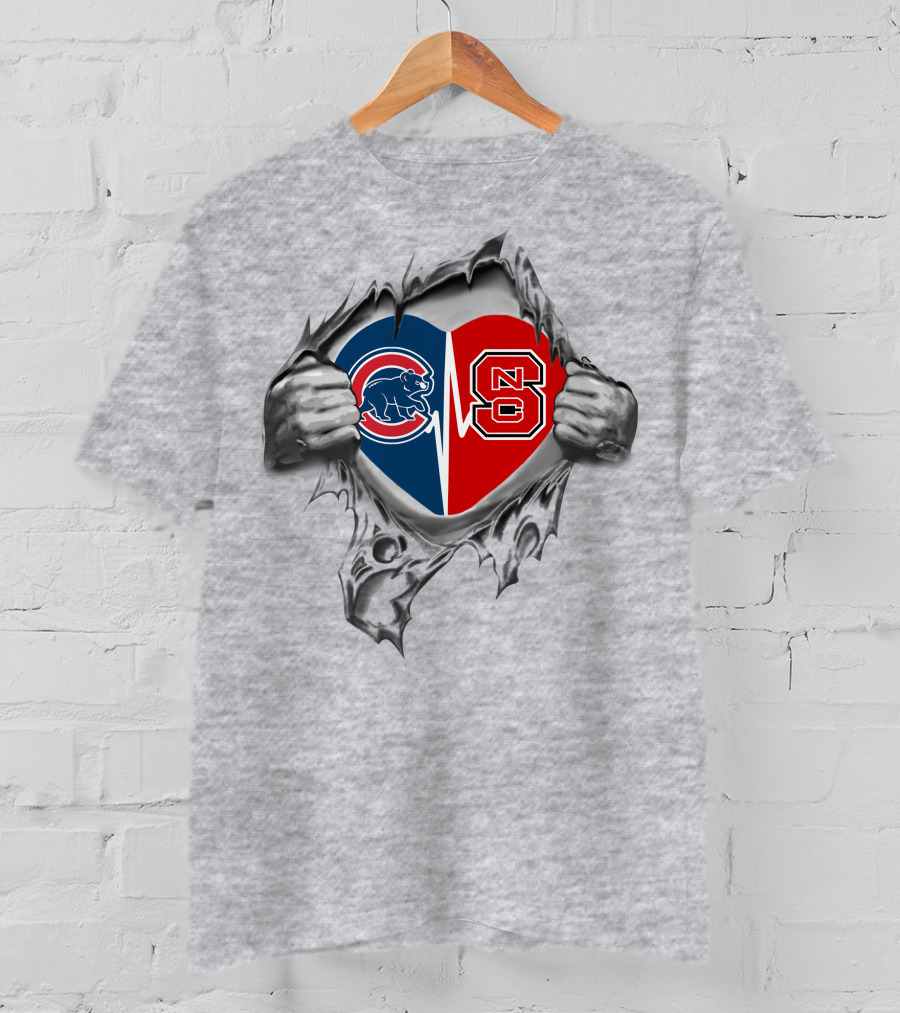 Cubs Nc State Heartbeat Dual Logo Heart Silver Hands T-Shirt