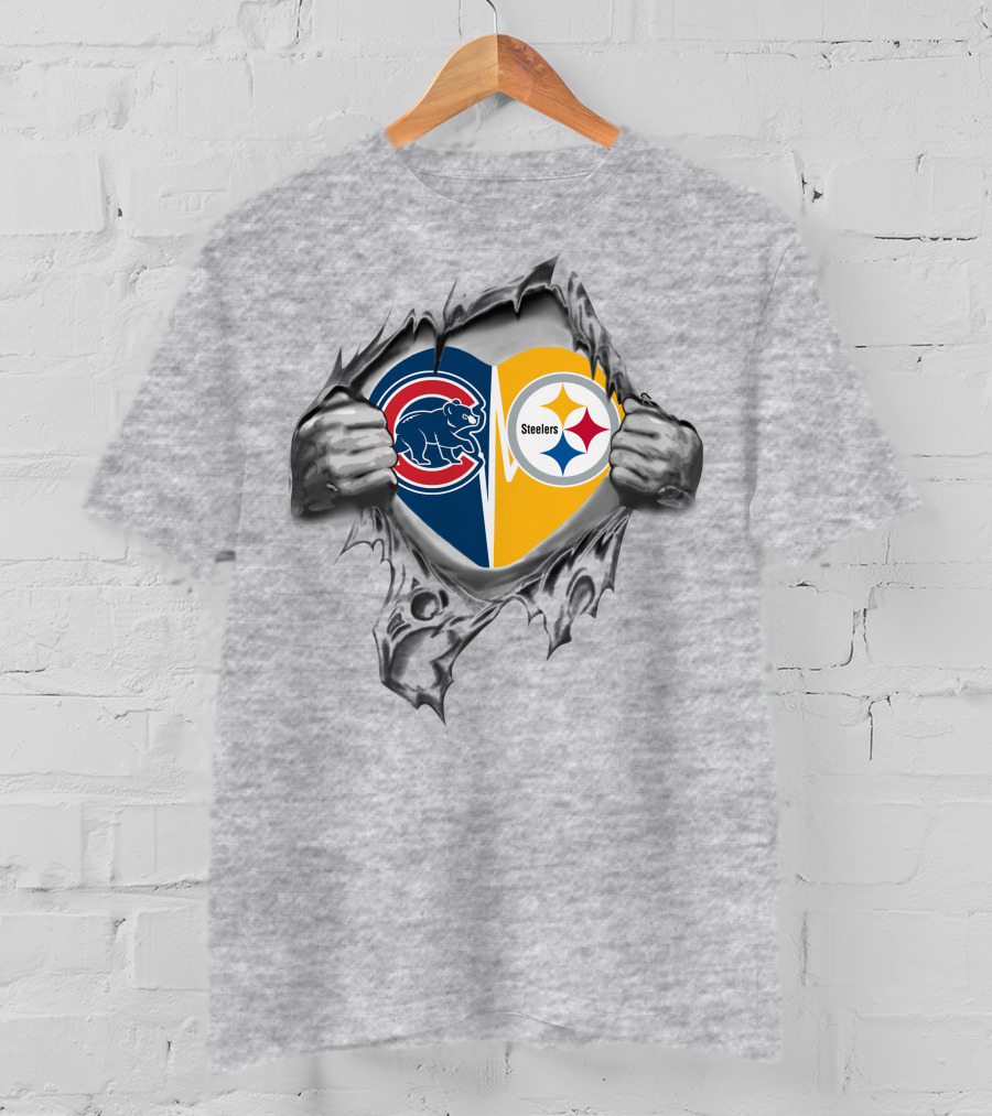 Cubs Steelers Heart Rip Fusion With Iconic Logos T-Shirt