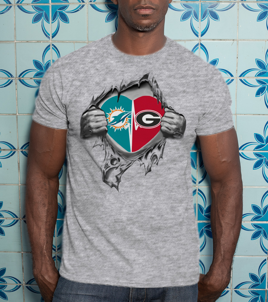 Dolphins Bulldogs Heart Logo Torn T-Shirt