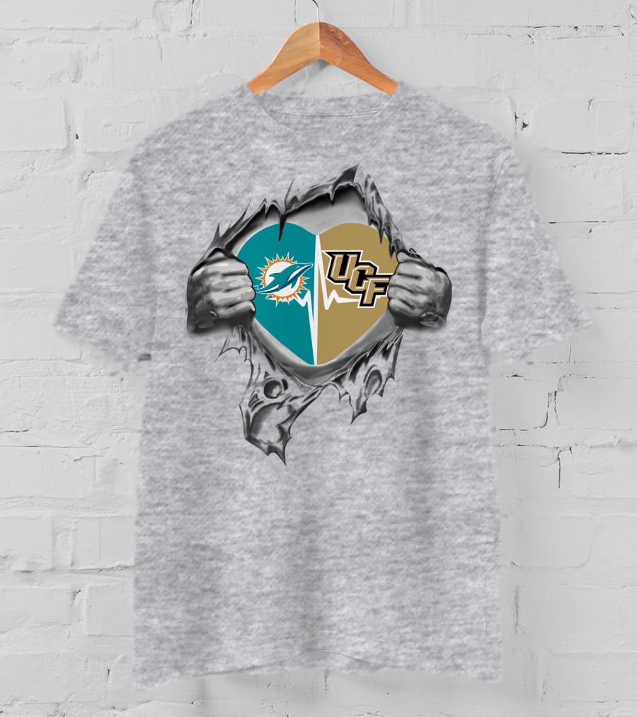Dolphins UCF Heart Logo Design With Torn Fabric Effect T-Shirt