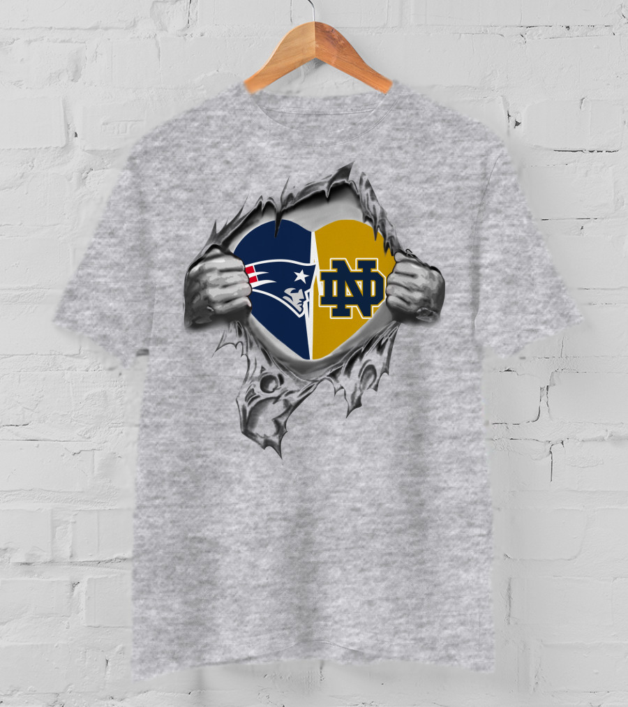 Patriots And Notre Dame Heart Torn Background T-Shirt
