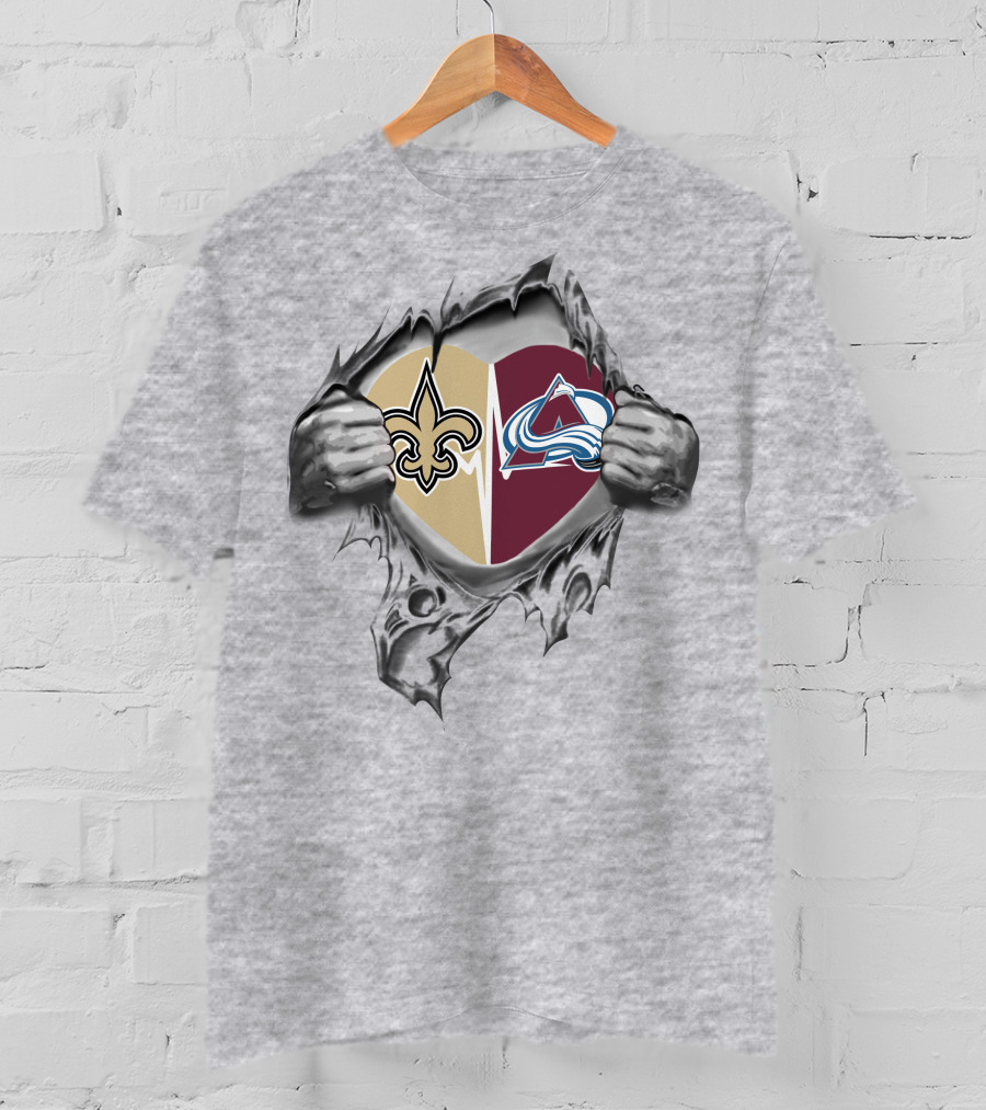 Saints Avalanche Heart Icon With Team Logos In Torn Metal Style T-Shirt