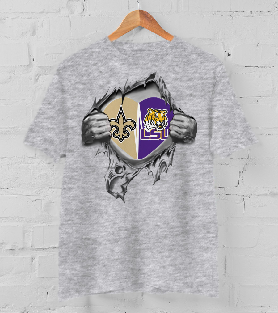 New Orleans Saints And Lsu Tigers Heart Passion Fleur-De-Lis Fan Tribute T-Shirt