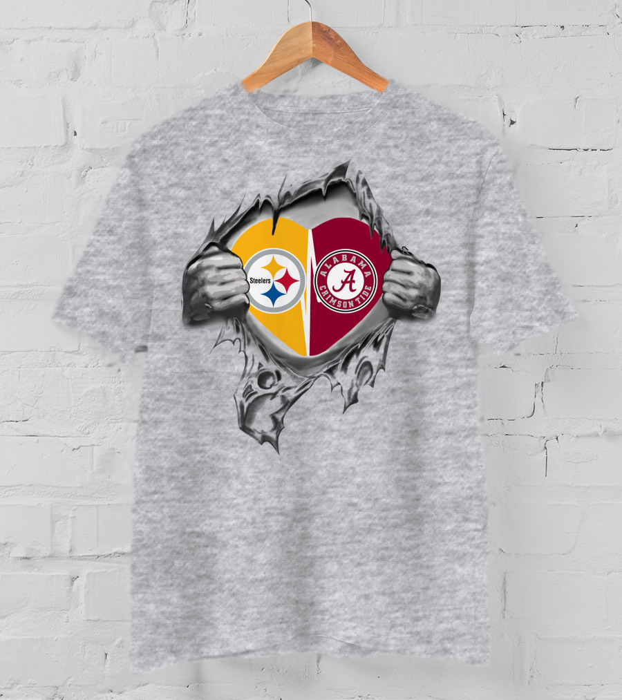 Steelers Alabama Crimson Tide Heart Inside Pulled Open T-Shirt
