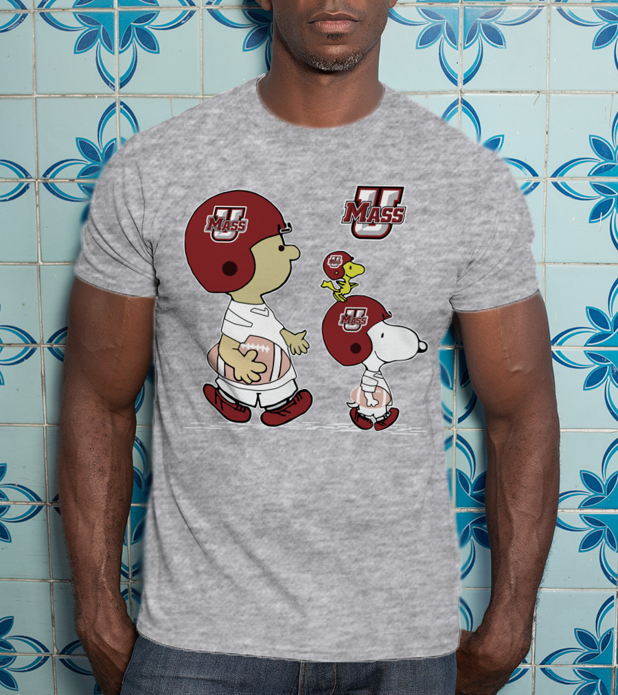 U Mass School Spirit Snoopy Football Helmet Charlie Woodstock T-Shirt