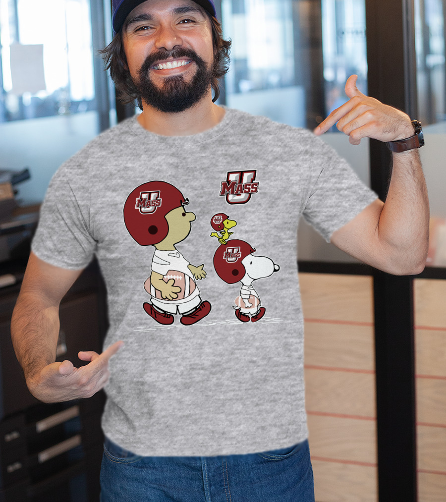 U Mass School Spirit Snoopy Football Helmet Charlie Woodstock T-Shirt