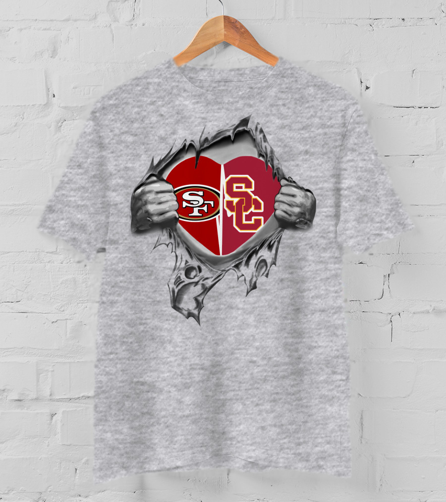 SF 49Ers USC Trojans Heart Logo Inside Ripped Chest T-Shirt
