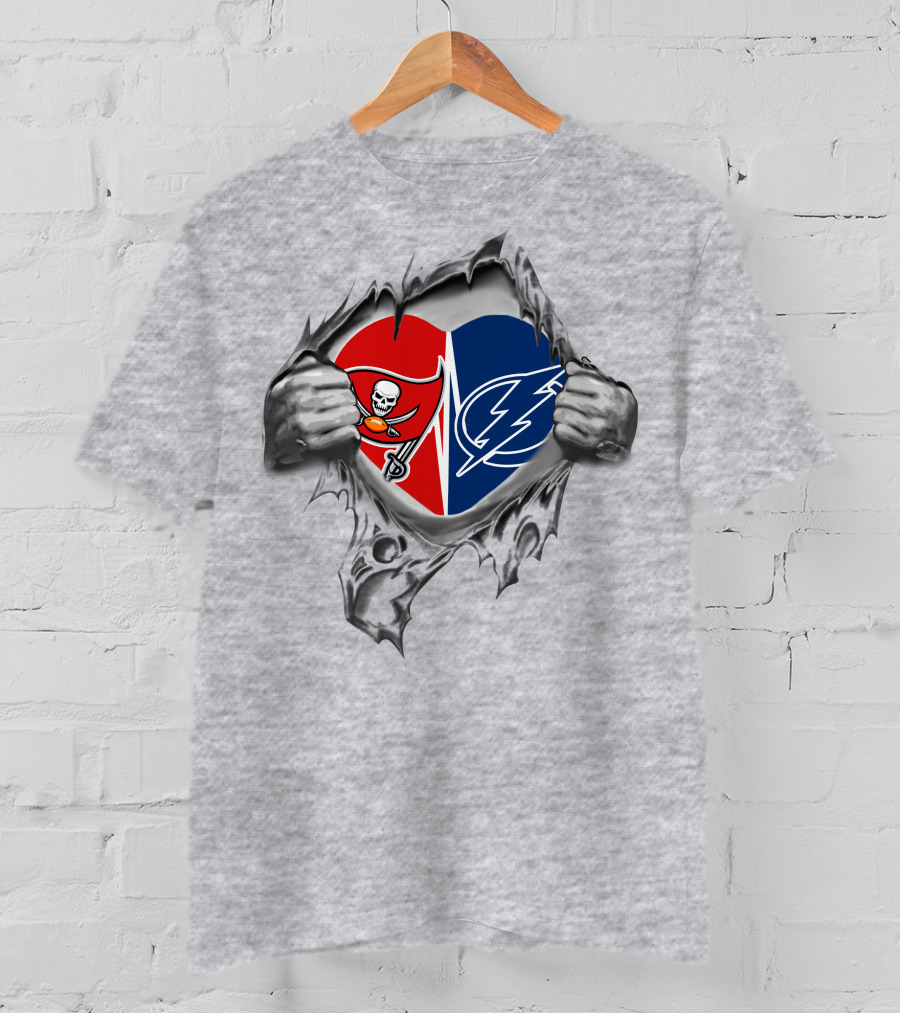 Buccaneers Lightning Heart Split Loyalty Football Hockey Logo Fan Spirit T-Shirt