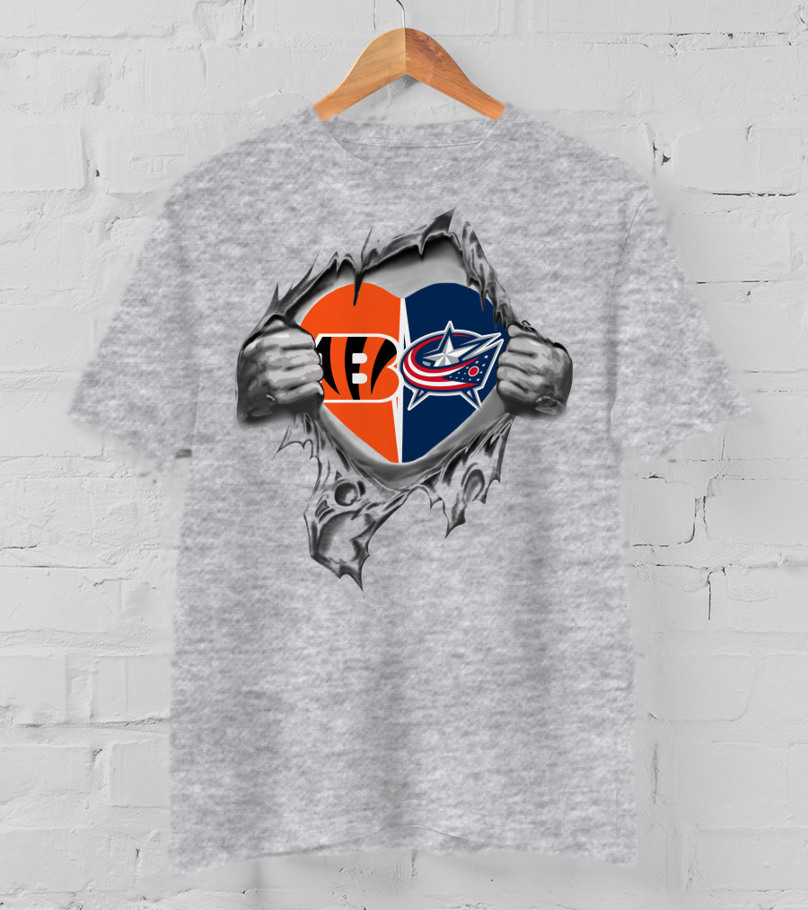 Bengals Blue Jackets Heart Emblem Ripped T-Shirt