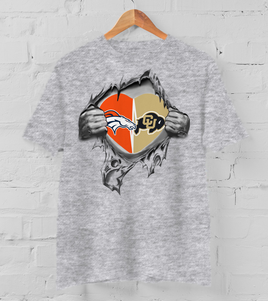 Broncos Buffaloes Heart Logos In Torn T-Shirt