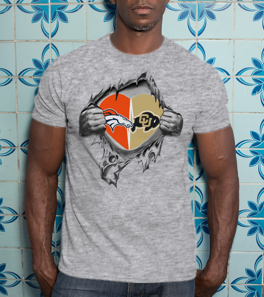 Broncos Buffaloes Heart Logos In Torn T-Shirt