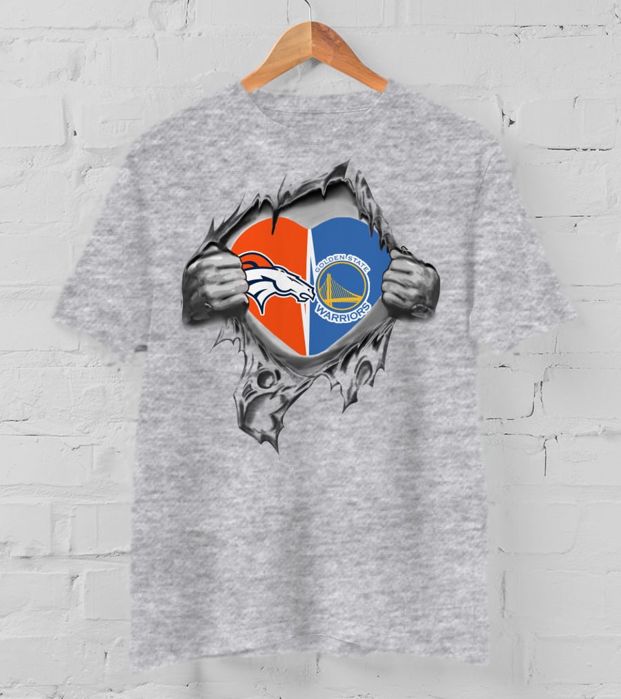 Denver Broncos Golden State Warriors Heart Torn T-Shirt