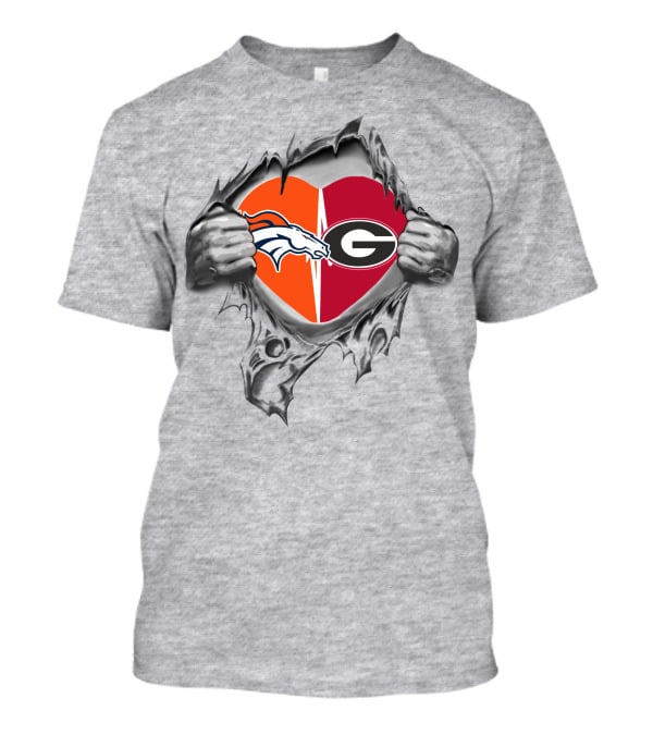 Denver Broncos Georgia Bulldogs Heart Torn Metal T-Shirt