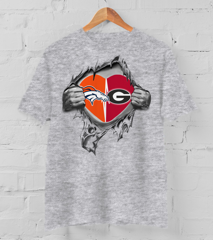 Denver Broncos Georgia Bulldogs Heart Torn Metal T-Shirt