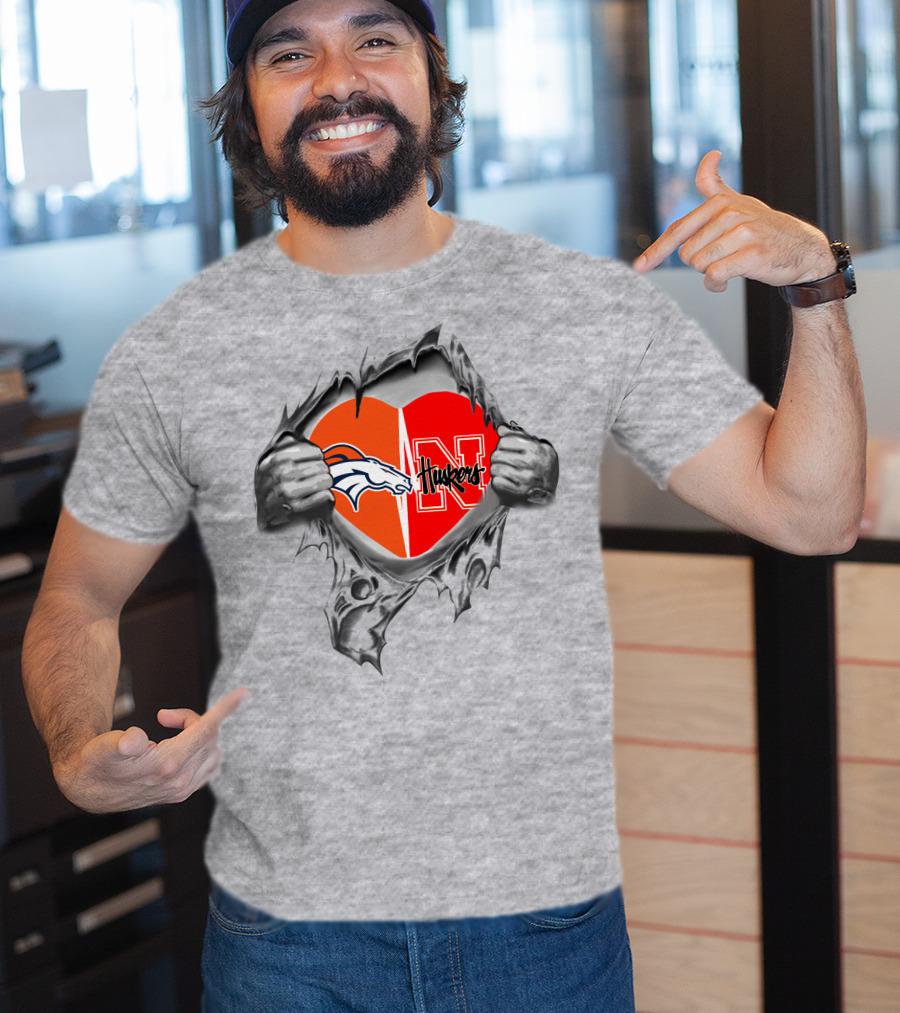 Broncos Huskers Heart With Denver Horse Logo And Nebraska N T-Shirt