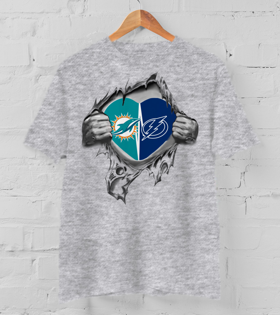 Tampa Bay Lightning Miami Dolphins Heart Torn Football Fan Spirit T-Shirt