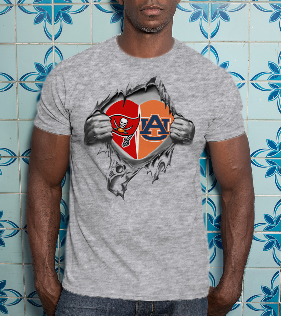 Buccaneers Auburn Tigers Heart Split Logo Ripped T-Shirt