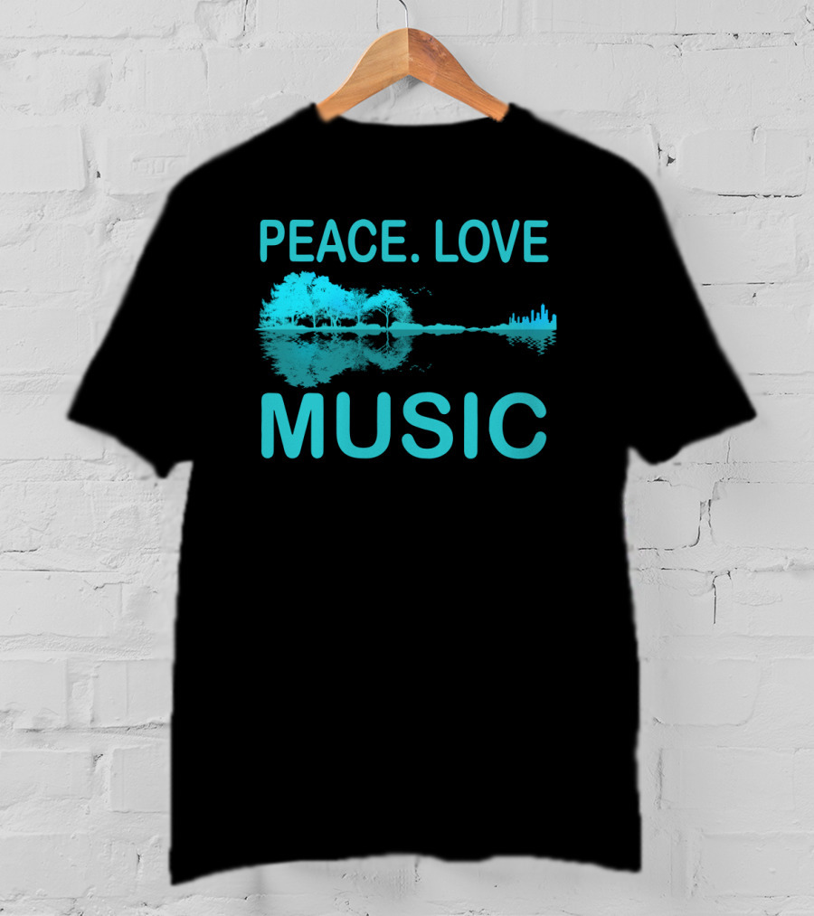 Peace Love Music Guitar Lake Shadow Scenic Reflection T-Shirt