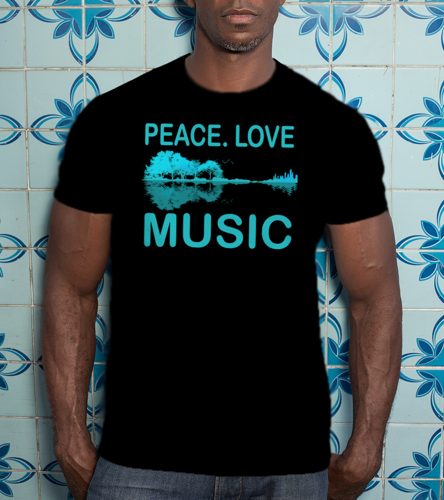 Peace Love Music Guitar Lake Shadow Scenic Reflection T-Shirt