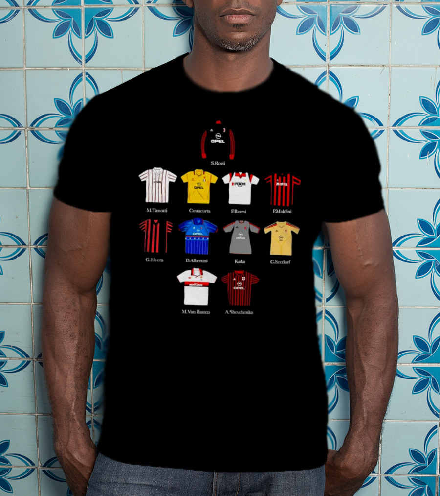 A.C. Milan FC Opel Uniform S. Rossi M. Tassotti A. Costacurta F. Baresi P. Maldini G. Rivera D. Albertini Kaka C. Seedorf M. Van Basten A. Shevchenko T-Shirt