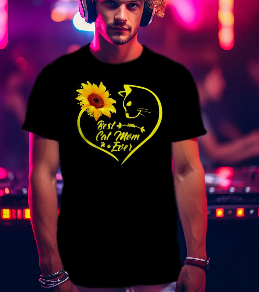 Best Cat Mom Ever Sunflower Heart Love Cat Face T-Shirt