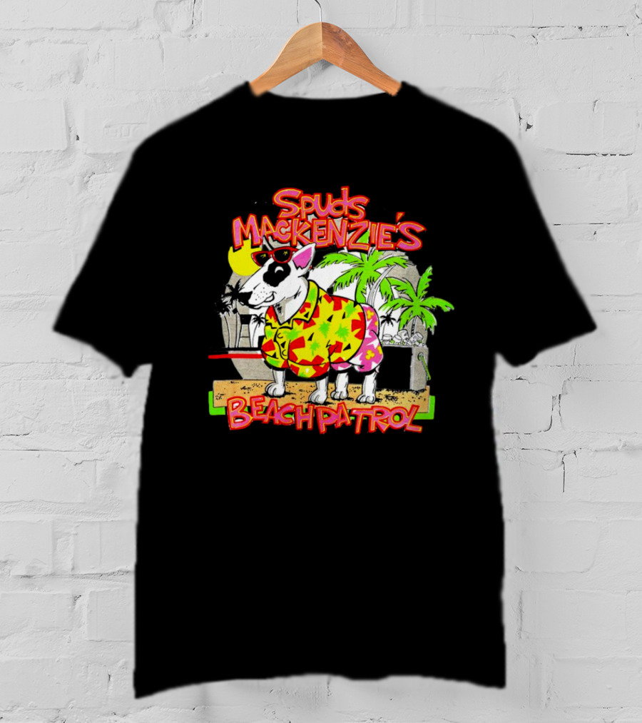 Spuds Mackenzie’s Beach Patrol Tropical Style Dog In Sunglasses And Hawaiian Shirt With Palm Trees T-Shirt
