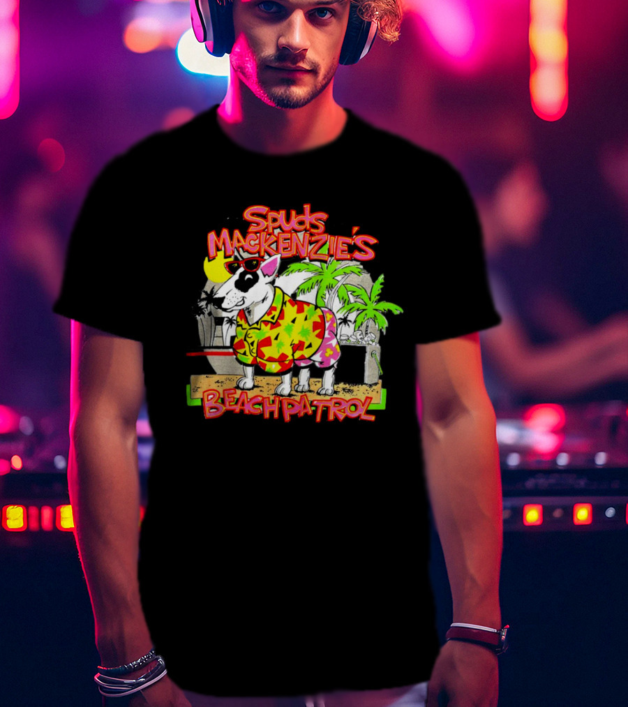 Spuds Mackenzie’s Beach Patrol Tropical Style Dog In Sunglasses And Hawaiian Shirt With Palm Trees T-Shirt