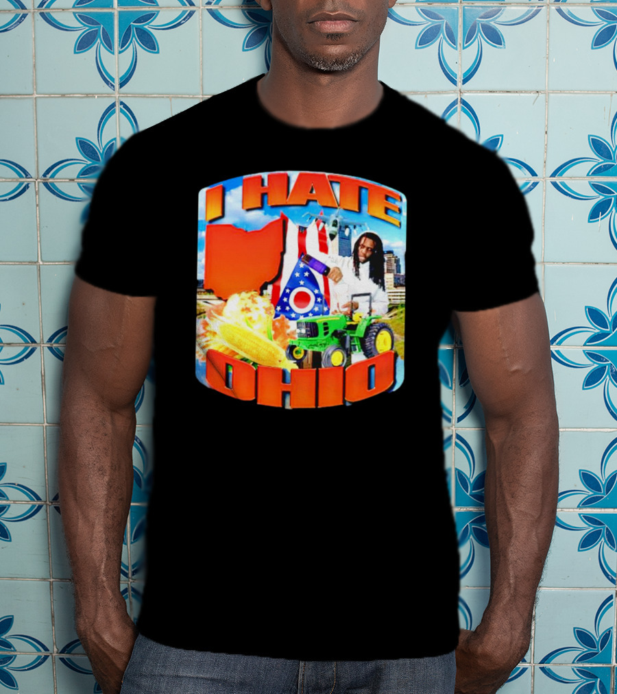 I Hate Ohio Tractor Explosion Corn Ohio Flag Skyline T-Shirt