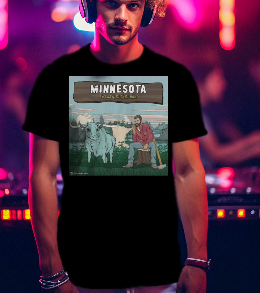 Minnesota The Land Of 10,000 Bakes With Blue Ox And Lumberjack In Forest Scene T-Shirt