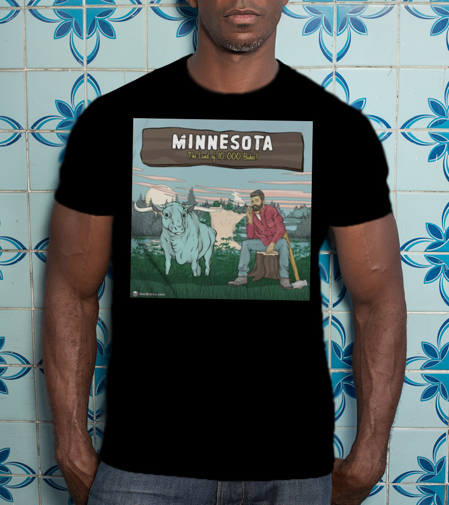 Minnesota The Land Of 10,000 Bakes With Blue Ox And Lumberjack In Forest Scene T-Shirt