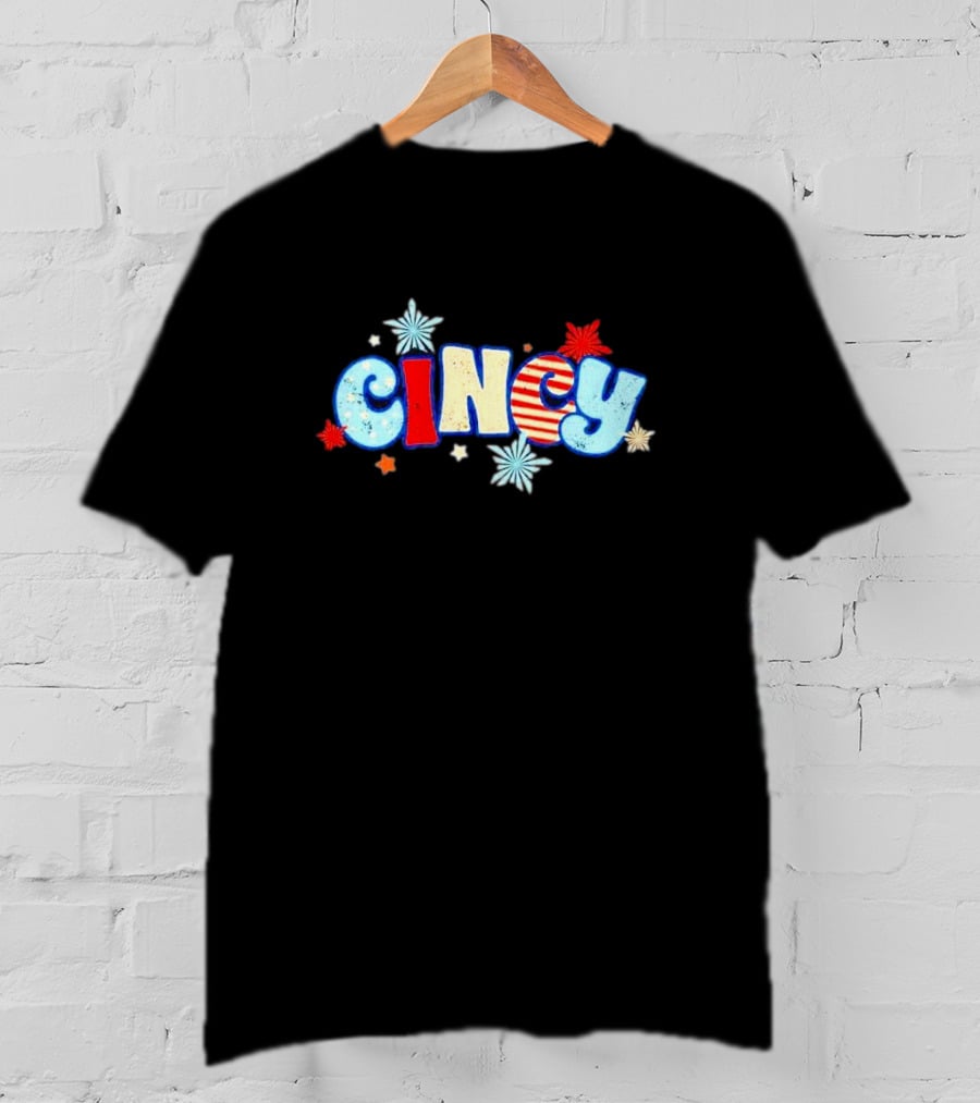 Cincy Star Burst American Flag Pattern With Red White Blue Stars T-Shirt