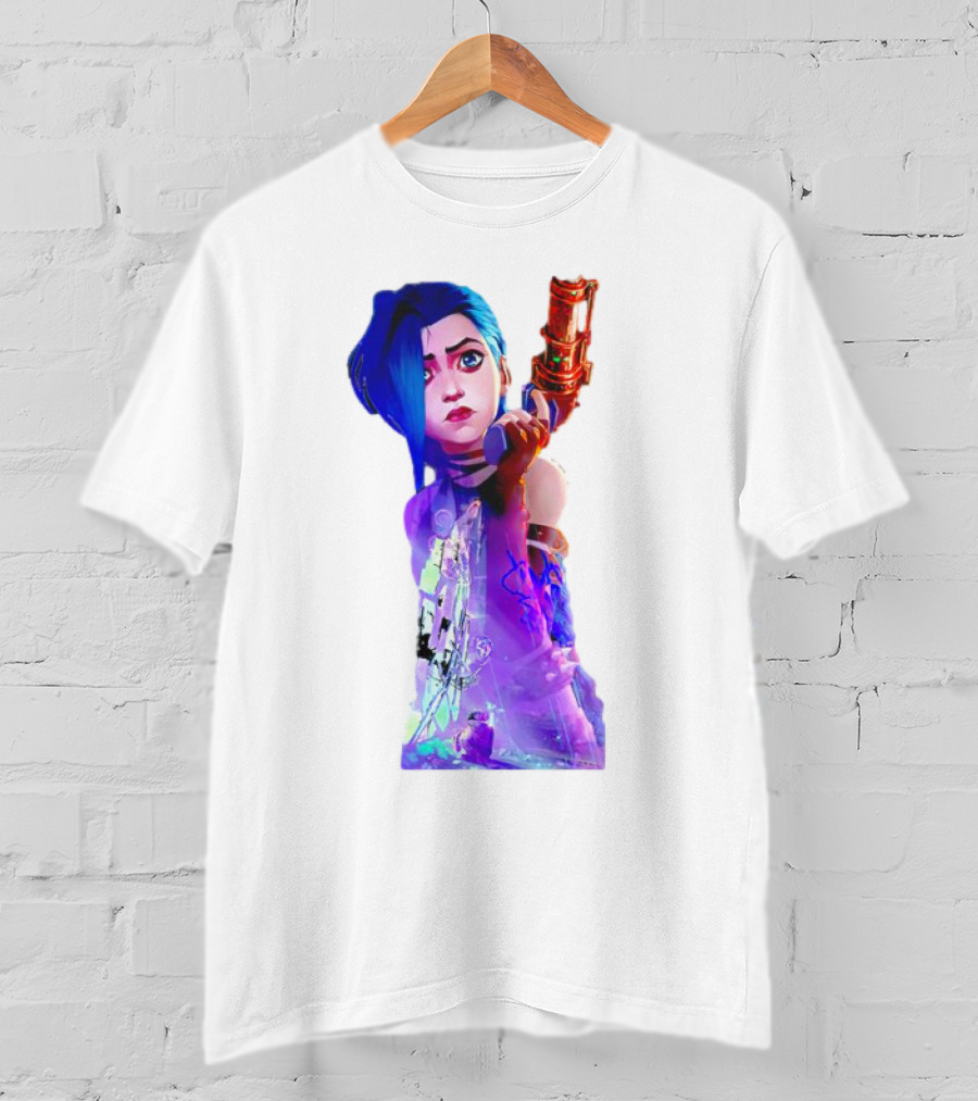 Arcane Jinx League Of Legends Character With Blue Hair And Toy Gun T-Shirt