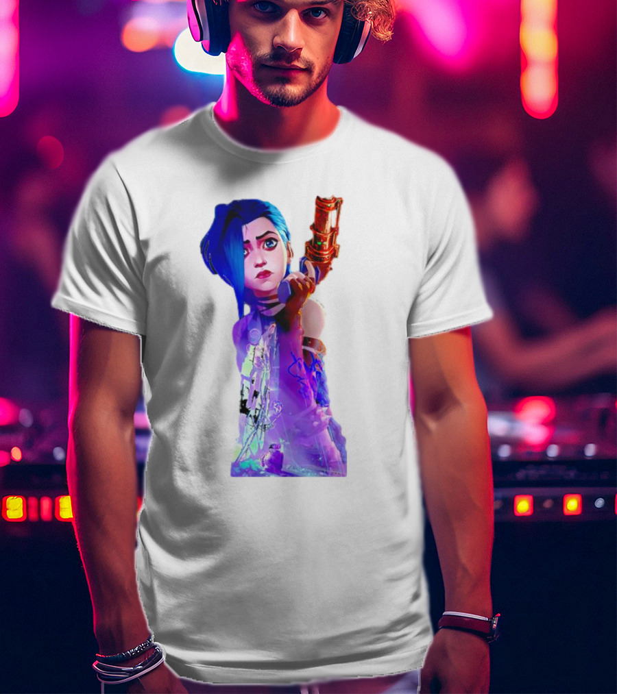 Arcane Jinx League Of Legends Character With Blue Hair And Toy Gun T-Shirt