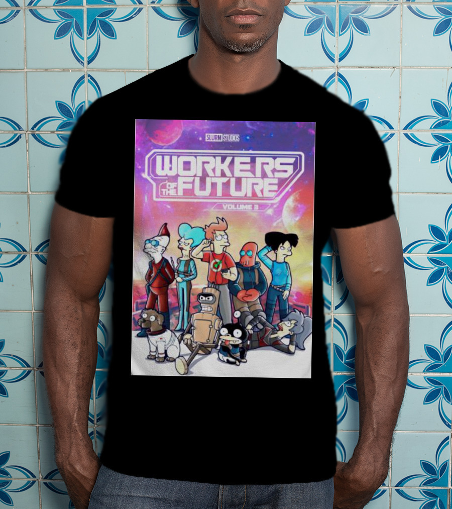 SLURM STUDIOS Workers Of The Future Volume 3 Futurama Characters Retro Futuristic T-Shirt