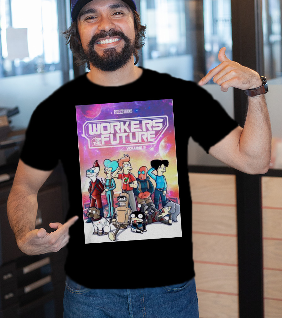 SLURM STUDIOS Workers Of The Future Volume 3 Futurama Characters Retro Futuristic T-Shirt