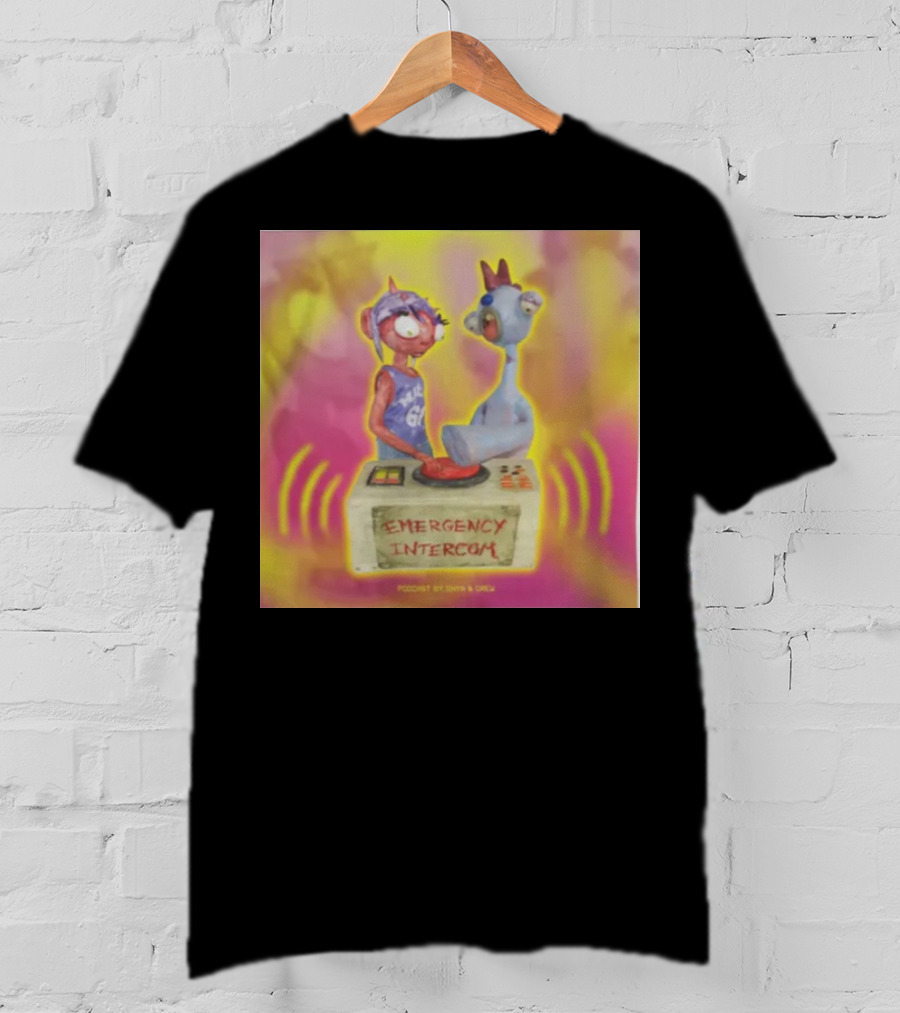 Emergency Intercom Podcast By Enya And Drew Vibrant Cartoon Characters On Bright Background T-Shirt