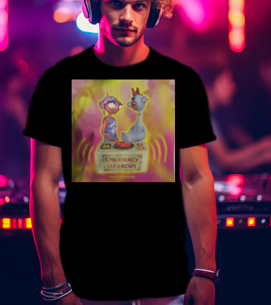 Emergency Intercom Podcast By Enya And Drew Vibrant Cartoon Characters On Bright Background T-Shirt