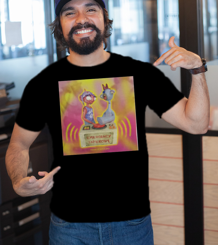 Emergency Intercom Podcast By Enya And Drew Vibrant Cartoon Characters On Bright Background T-Shirt