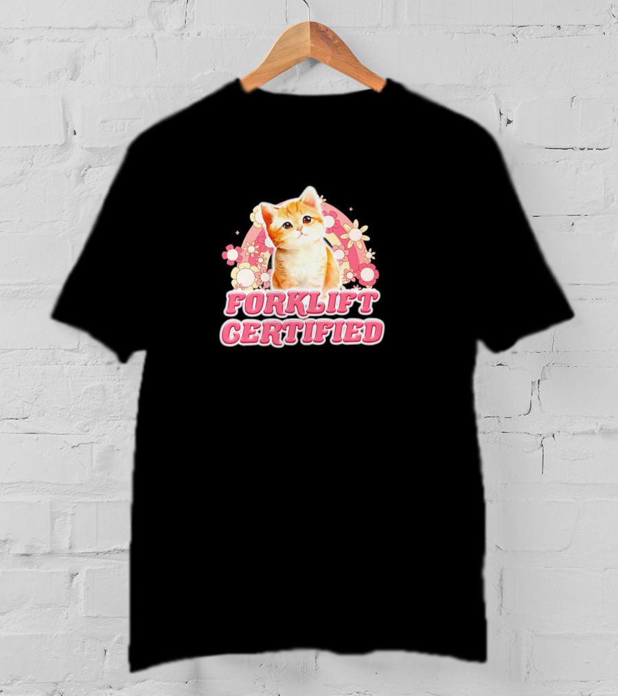 Cat Forklift Certified Cute Floral Pink T-Shirt